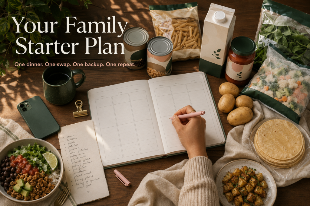 Weekly family meal planner surrounded by beans, pasta, tortillas, vegetables and a taco bowl.