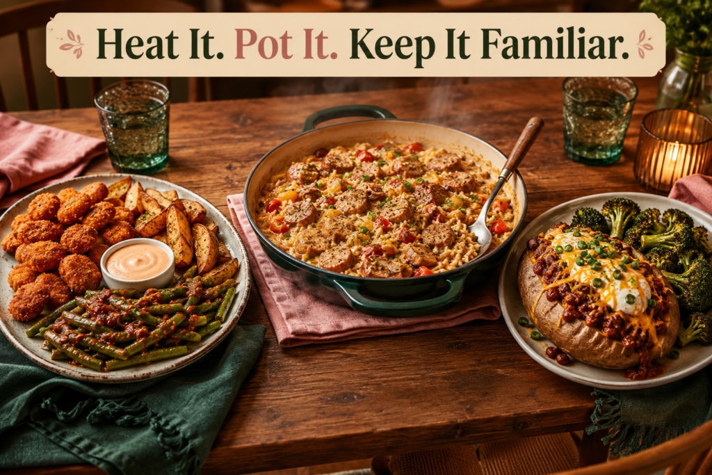 three-easy-plant-based-school-night-dinners Three plant-based dinner options including vegan nuggets, Cajun rice skillet, and a loaded baked potato.
