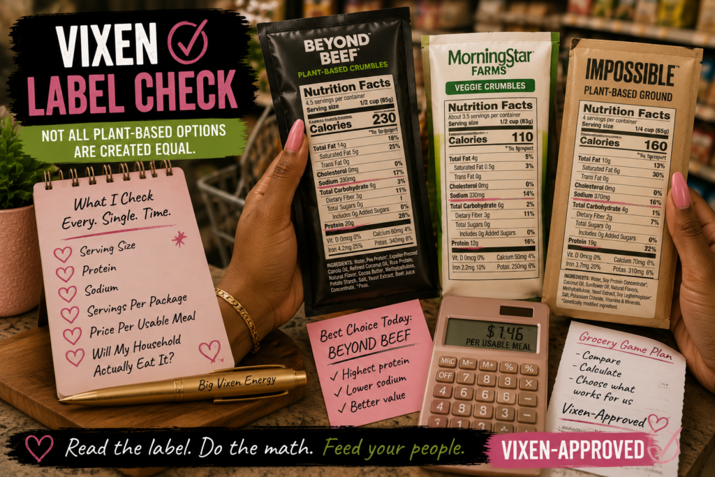 vixen-label-check-plant-based-meat-alternatives Hands comparing nutrition labels on plant-based crumble packages beside a pink notepad, calculator, and grocery notes in a warm store setting.