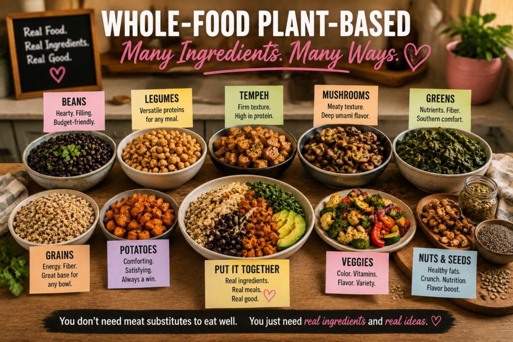 whole-food-plant-based-foundations-guide Whole-food plant-based ingredient guide showing beans, chickpeas, tempeh, mushrooms, greens, grains, potatoes, vegetables, nuts, seeds, and a completed meal bowl.