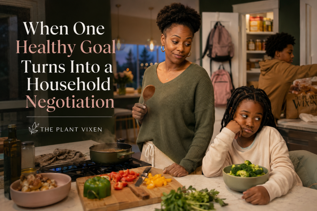  Tired mother planning dinner while her child cautiously looks at broccoli in a busy family kitchen.