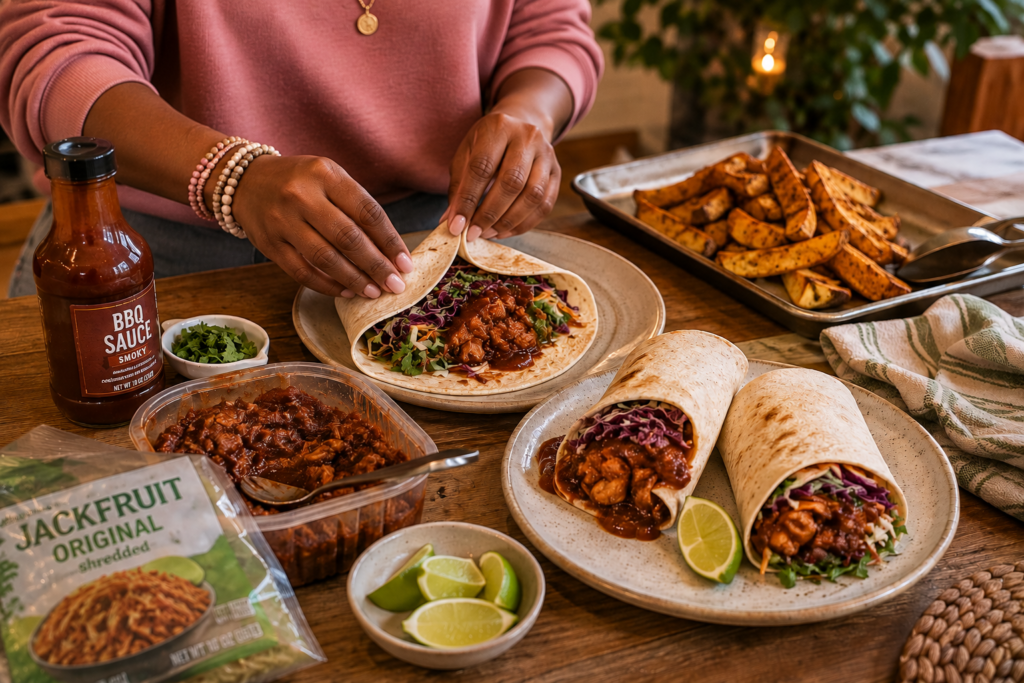 10-minute-vegan-meals-bbq-jackfruit-wraps BBQ jackfruit wraps with crunchy cabbage, lime, sauce, and potato wedges being assembled for a quick vegan dinner.