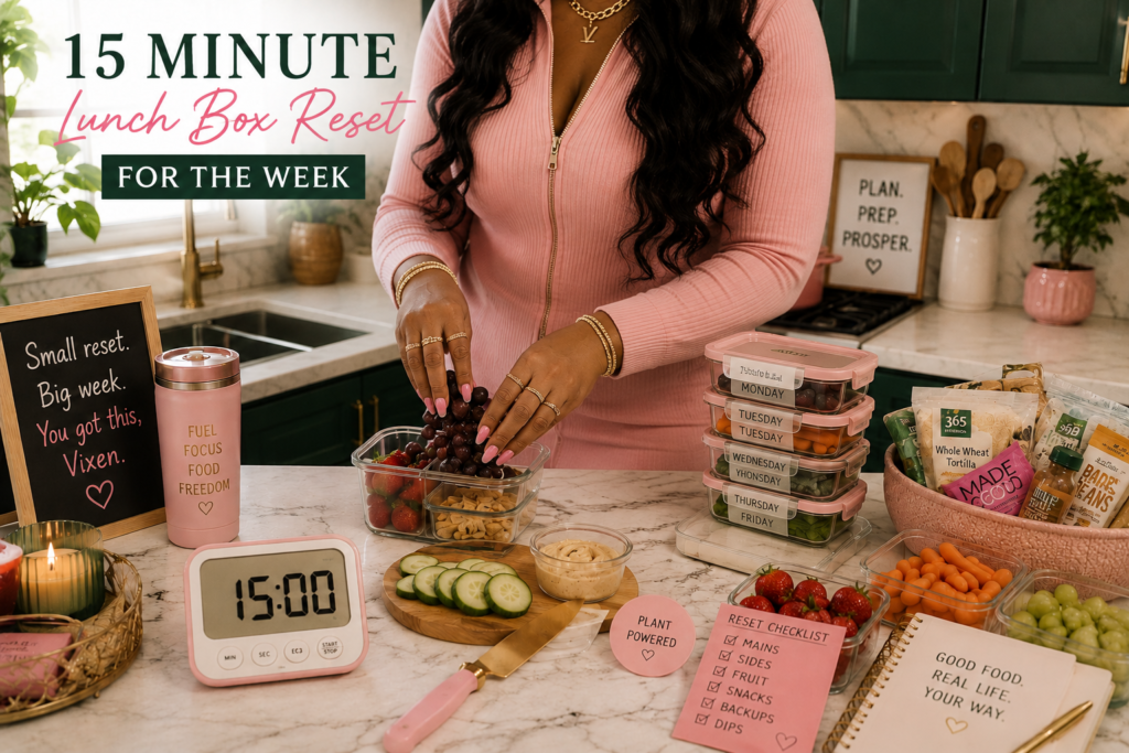 15-minute-lunch-box-reset Woman’s hands packing grapes into lunch containers beside a 15-minute timer, reset checklist, snacks, and lunchbox supplies on a kitchen counter.