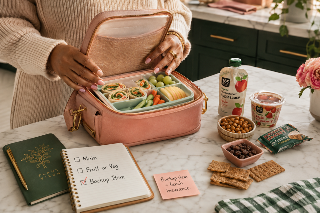 backup-item-lunch-insurance Woman packing a vegan lunchbox beside backup options including an applesauce pouch, fruit cup, roasted chickpeas, raisins, granola bar, and whole grain crackers.