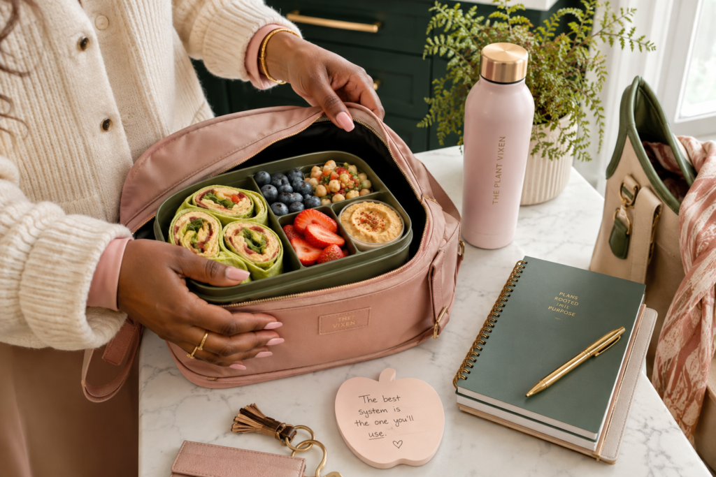 best-vegan-lunch-box-system Woman’s hands placing a vegan lunchbox with wrap pinwheels, blueberries, strawberries, chickpea salad, and hummus into a pink insulated lunch bag beside a Plant Vixen water bottle and planner.
