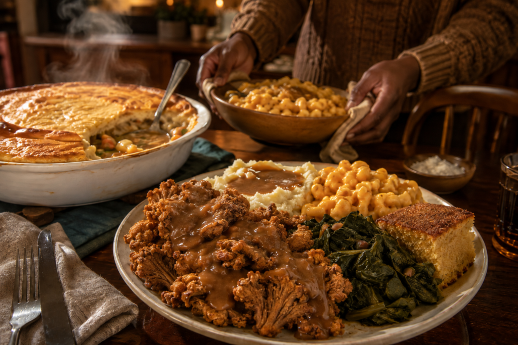Cozy vegan fall comfort dinner with deep-fried oyster mushrooms smothered in gravy, mashed potatoes, mac and cheese, collard greens, cornbread, and pot pie.