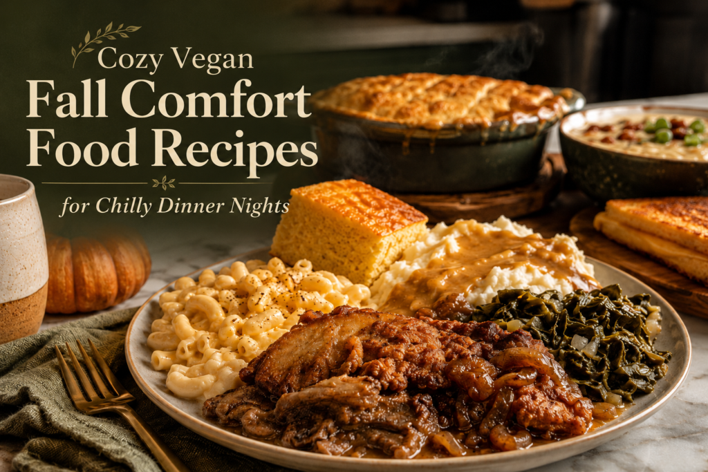 Cozy vegan fall comfort food dinner with mac and cheese, mashed potatoes and gravy, collard greens, cornbread, and a hearty plant-based entrée.