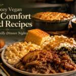 Cozy vegan fall comfort food dinner with mac and cheese, mashed potatoes and gravy, collard greens, cornbread, and a hearty plant-based entrée.