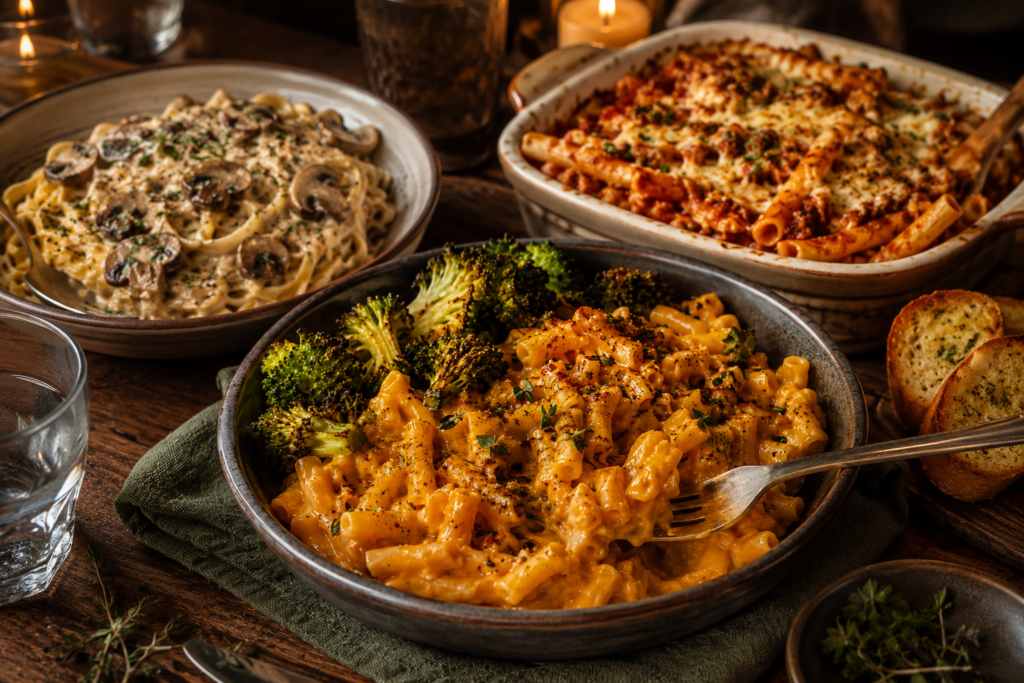 Three cozy vegan fall pasta dishes with pumpkin mac and cheese, creamy mushroom stroganoff, and baked ziti with vegan cheese.