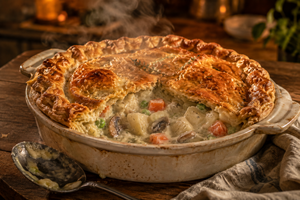 Creamy vegan pot pie with a flaky golden crust and hearty fall vegetables in a savory filling.
