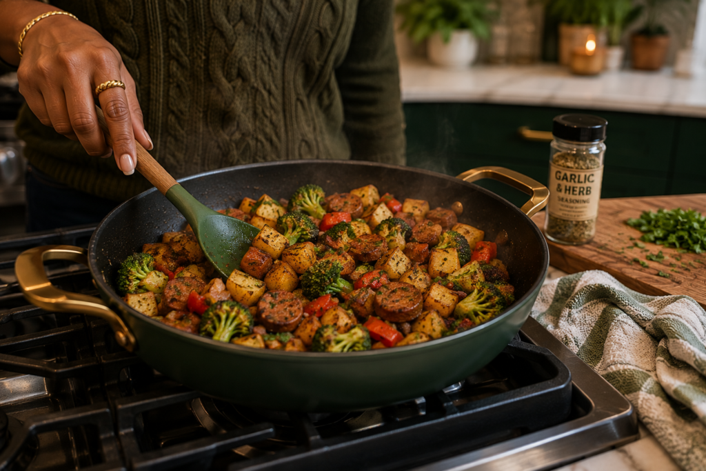 easy-vegan-dinner-recipes-30-minute-potato-hash Garlic potato hash with broccoli, peppers, and plant-based sausage cooking in one skillet for an easy vegan dinner.