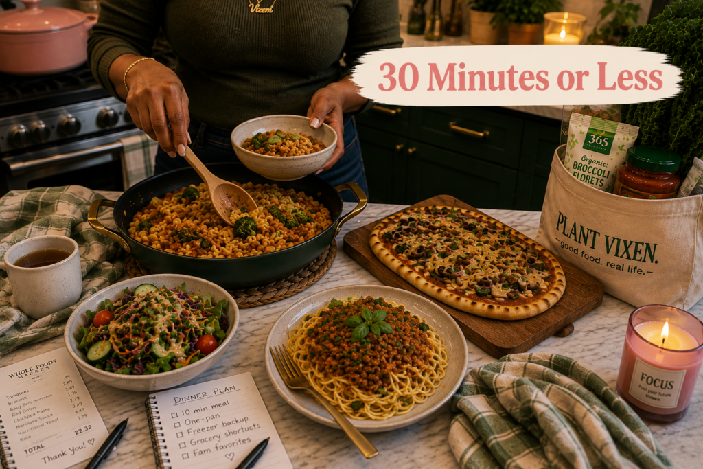 easy-vegan-dinner-recipes-30-minutes-or-less Woman serving a quick vegan pasta dinner with flatbread and salad in a cozy kitchen, with a “30 Minutes or Less” overlay.