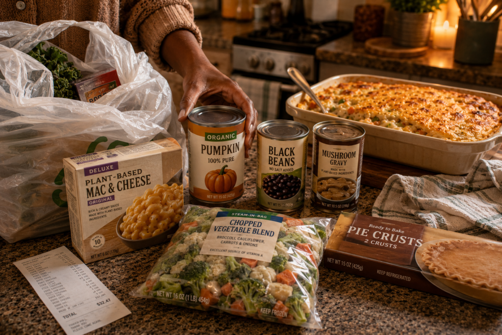 Easy vegan fall dinner shortcut ingredients being unpacked in a lived-in kitchen with a cozy meal in progress.