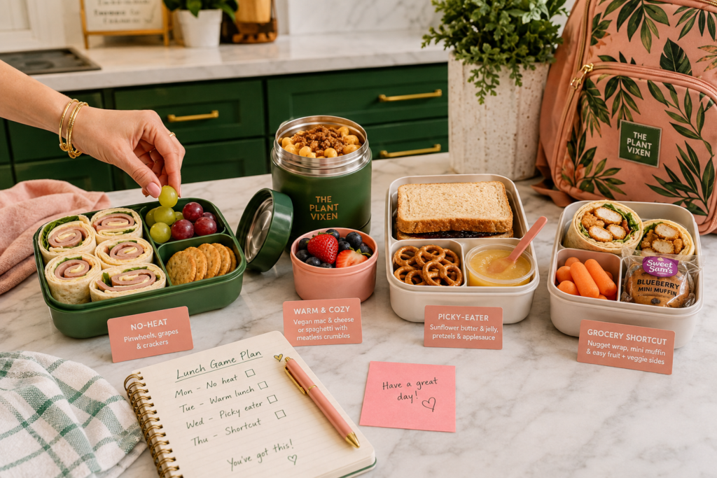 easy-vegan-lunchbox-ideas-four-school-days Four vegan school lunch options for no-heat, warm thermos, picky-eater, and grocery-shortcut days arranged on a kitchen counter with a lunch-planning notebook.