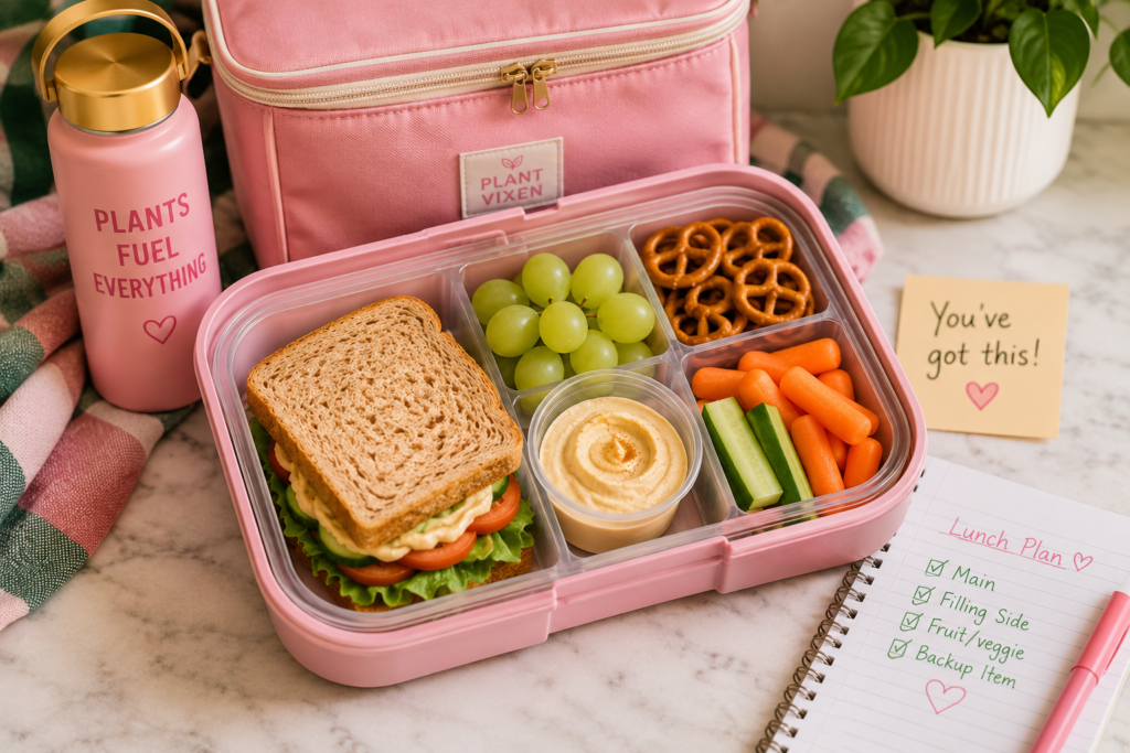 example-vegan-lunchbox-idea Complete vegan lunchbox with a veggie sandwich, grapes, carrots, cucumber, pretzels, and creamy dip beside a pink lunch bag and water bottle.