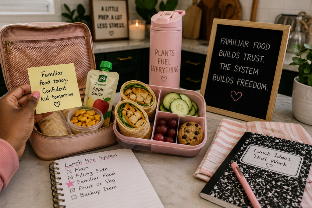 familiar-food-vegan-school-lunch Pink vegan lunchbox with wrap pinwheels, grapes, cucumber, crackers, applesauce, and a cookie beside a note about familiar food building confidence.