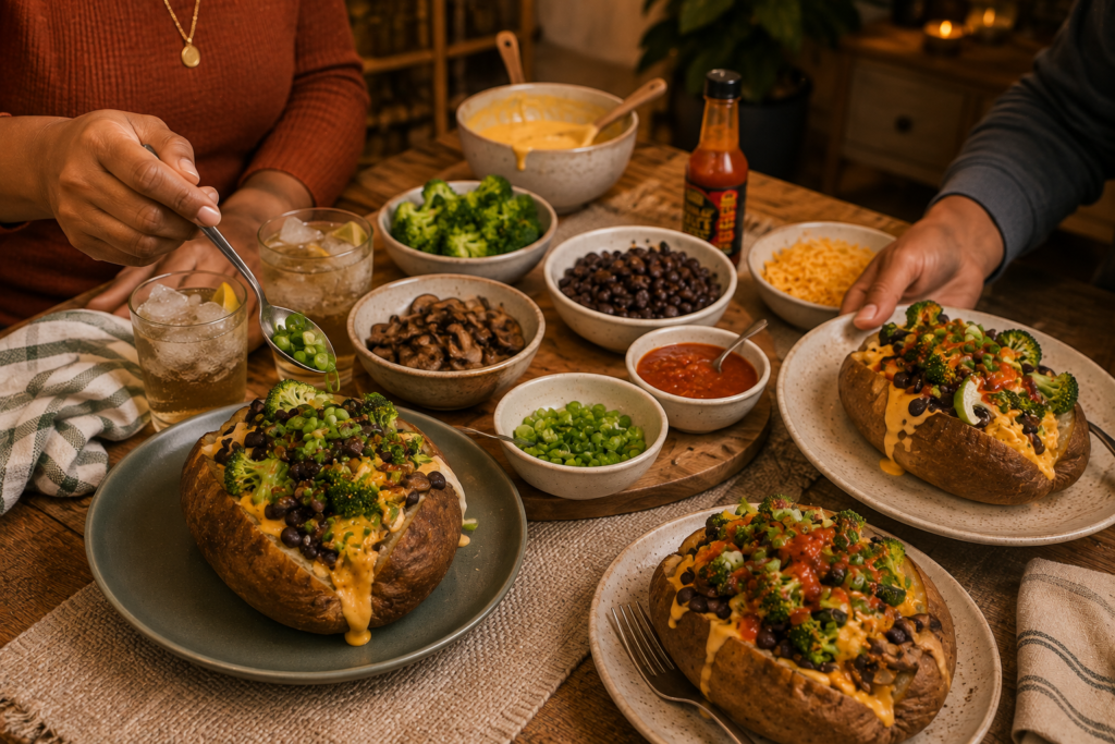 familiar-vegan-comfort-food-loaded-potatoes Loaded baked potatoes topped with black beans, broccoli, mushrooms, vegan cheese sauce, and green onions for a familiar vegan dinner.
