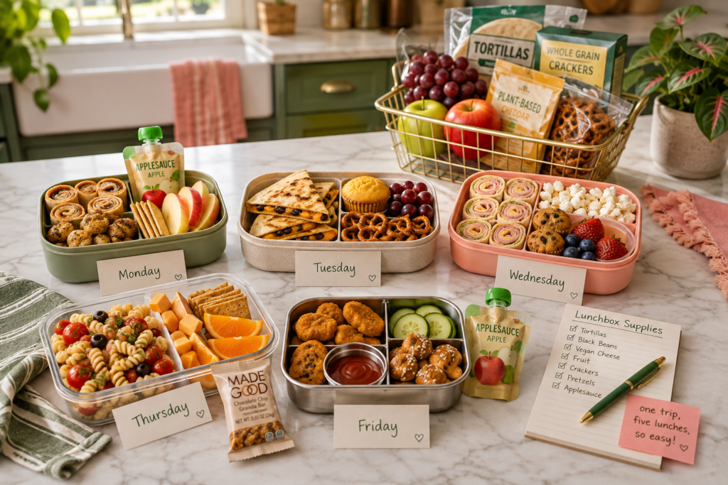five-vegan-lunchbox-ideas-one-grocery-trip Five vegan lunchboxes labeled Monday through Friday using overlapping groceries such as tortillas, crackers, fruit, vegan cheese, pretzels, applesauce, pasta, and plant-based nuggets.