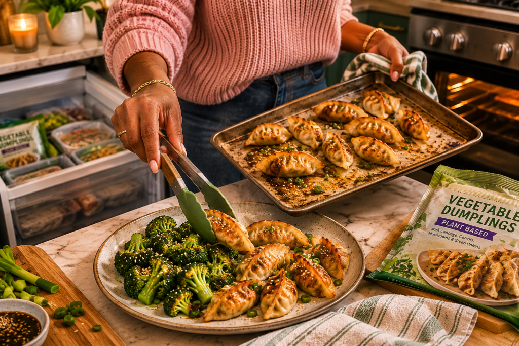 freezer-rescue-vegan-dinner-sesame-dumplings Crispy vegan dumplings with sesame broccoli being served as a quick freezer-rescue dinner.