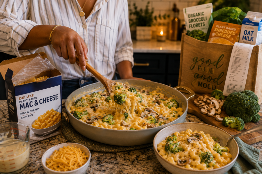 grocery-store-shortcut-vegan-mac-and-cheese Creamy vegan mac and cheese with broccoli and mushrooms made with easy grocery-store shortcuts.