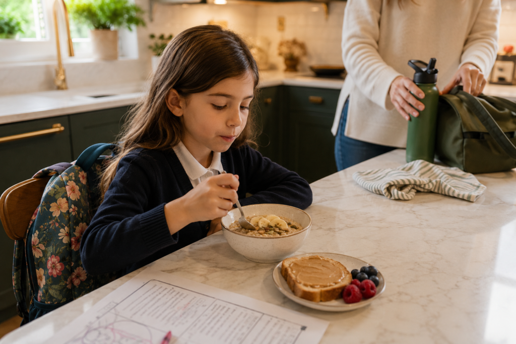 what-makes-an-easy-vegan-breakfast-work-for-kids Child eating oatmeal, toast with sunflower butter, and berries during a busy school morning.