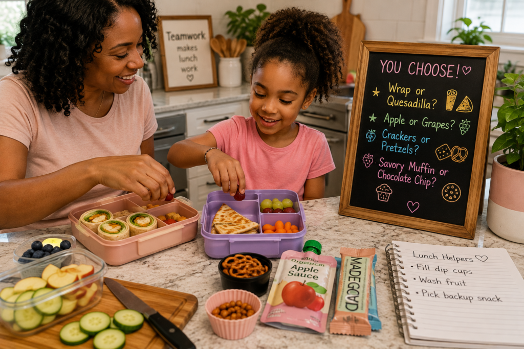 kids-involved-vegan-lunch-prep Mother and daughter choosing between simple vegan lunch options while packing wraps, quesadilla, grapes, carrots, pretzels, and backup snacks into lunchboxes.