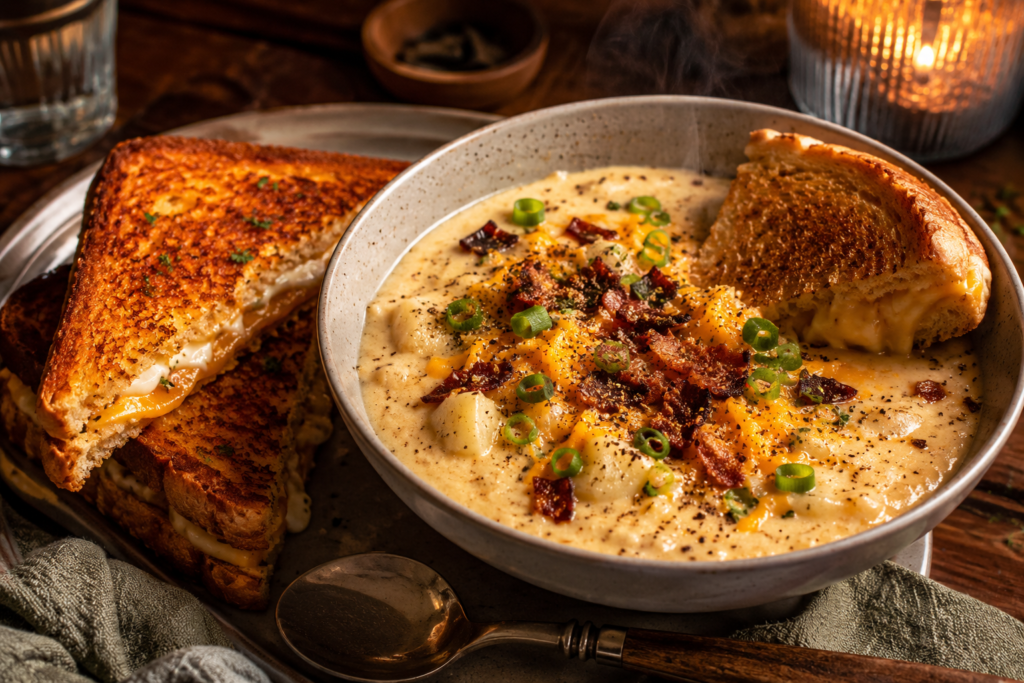 Loaded vegan potato soup topped with vegan cheese and green onions and served with crispy grilled cheese.