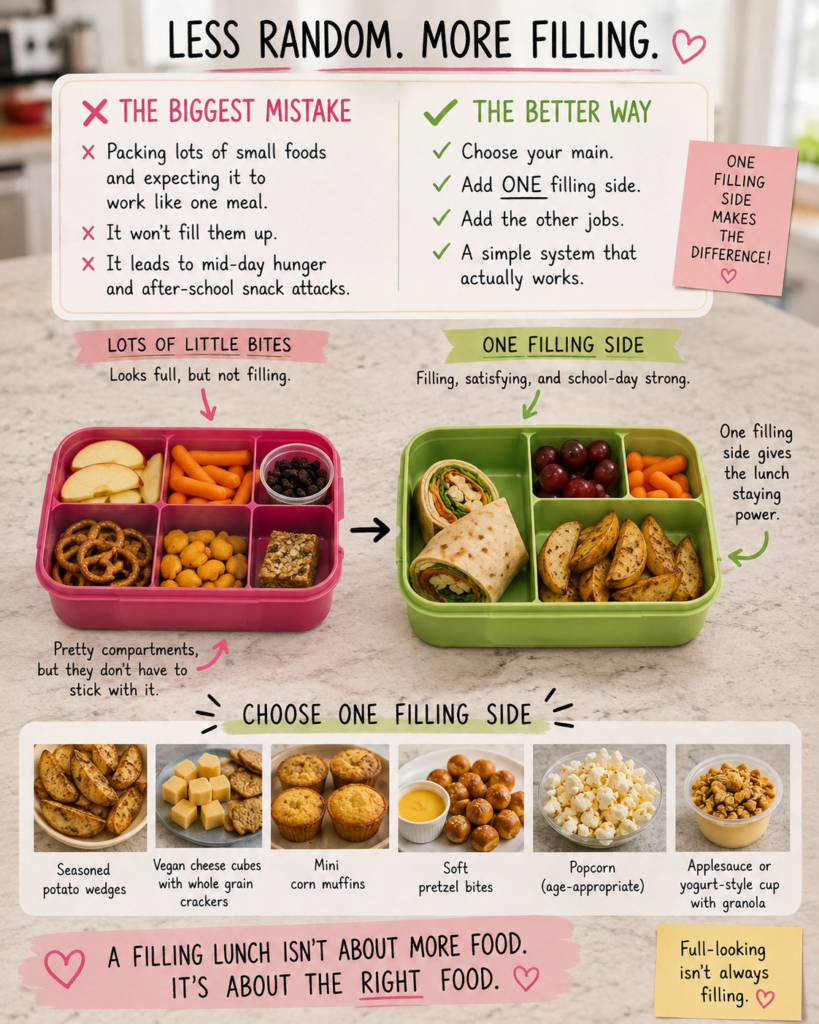 one-filling-side-vegan-lunchbox Comparison of a lunchbox filled with random small snacks and a more filling vegan lunchbox with a wrap, fruit, vegetables, and seasoned potato wedges.