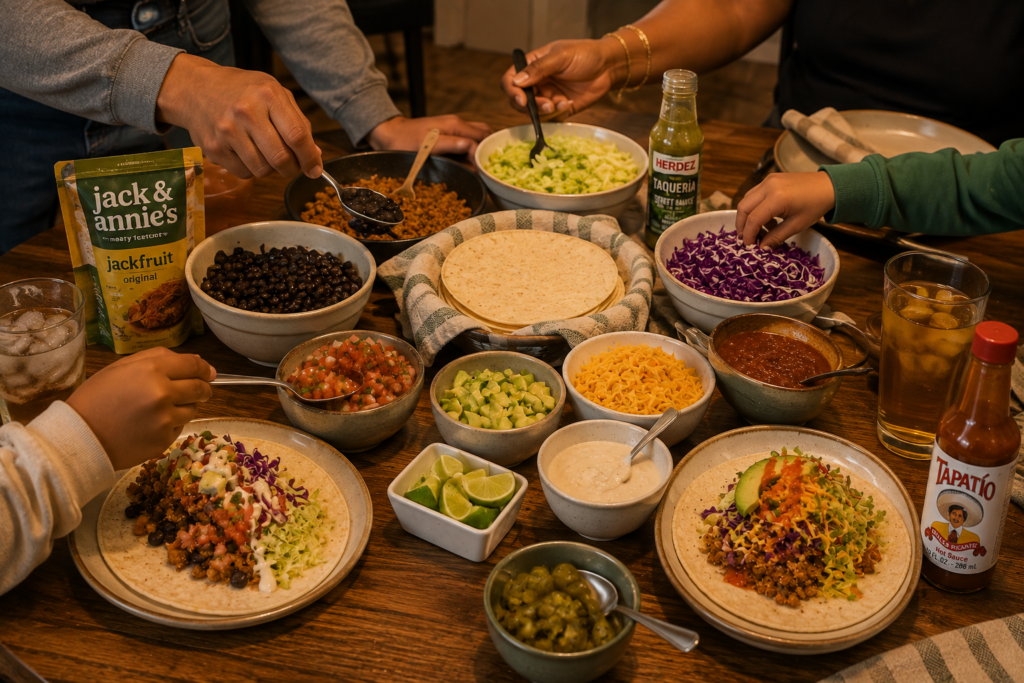 one-vegan-dinner-mixed-households-taco-night Family-style build-your-own vegan taco dinner with beans, plant-based protein, vegetables, avocado, salsa, and toppings.