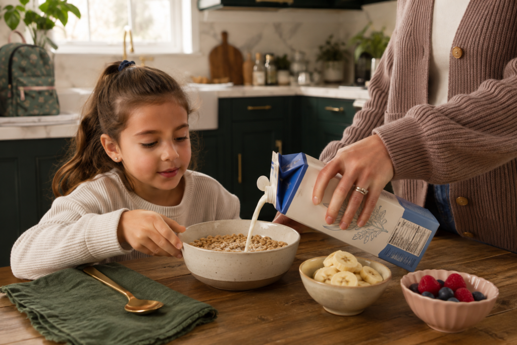 picky-eater-vegan-breakfast-change-one-thing Child reaching for familiar cereal while plant milk is introduced as one small vegan breakfast change.