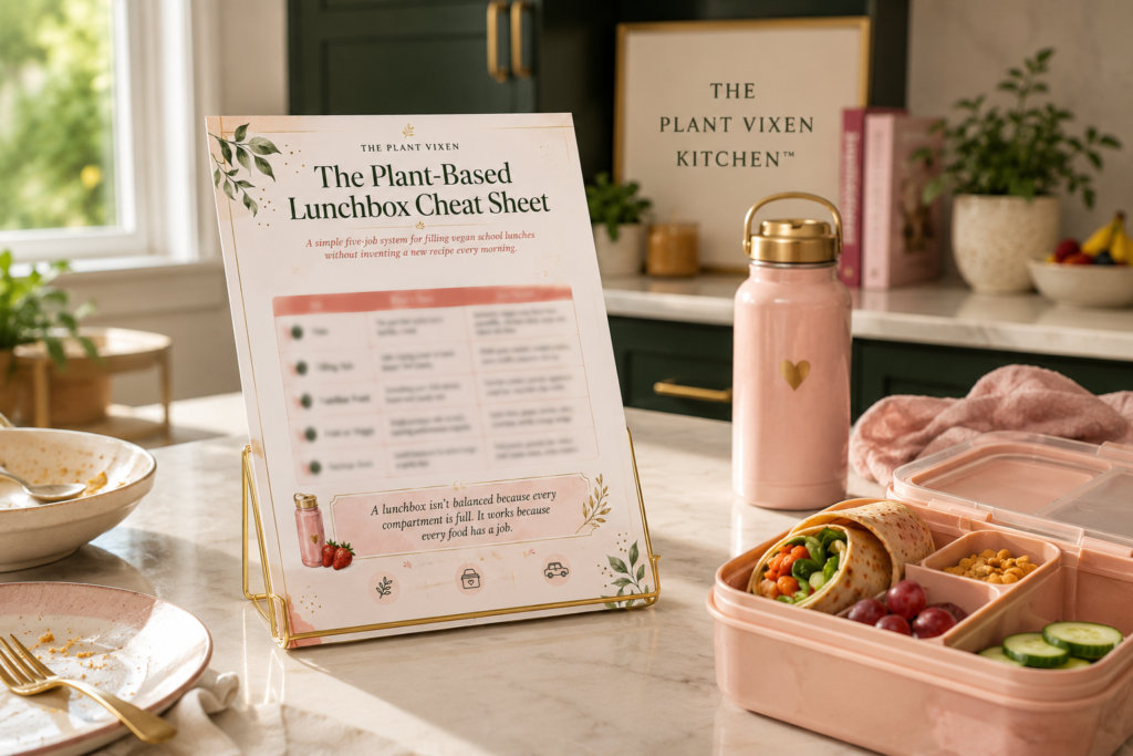 plant-based-lunchbox-cheat-sheet-breakfast-blog Plant-based school lunch being packed beside The Plant-Based Lunchbox Cheat Sheet in a family kitchen.