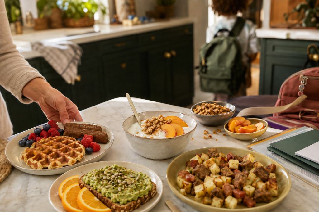 quick-vegan-breakfast-ideas-for-kids Quick vegan breakfast options for kids including waffles with vegan sausage, yogurt with granola and peaches, and savory breakfast potatoes, and avocado toast with orange slices