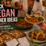 Three quick vegan dinner options…flatbread pizza, saucy pasta, and a loaded baked potato—styled on a cozy kitchen counter for busy weeknights.