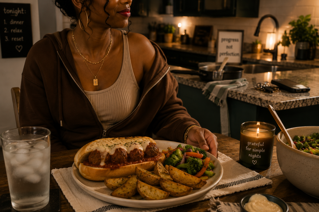 quick-vegan-dinner-recipes-make-life-easier Plant-based meatball subs with potato wedges and vegetables served as an easy, comforting weeknight dinner.