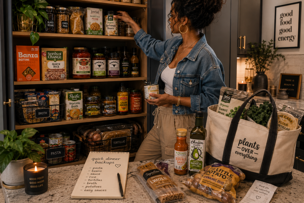 quick-vegan-dinner-staples-pantry-backups Pantry stocked with pasta, beans, rice, tortillas, potatoes, broth, and sauces for quick vegan dinner backups.