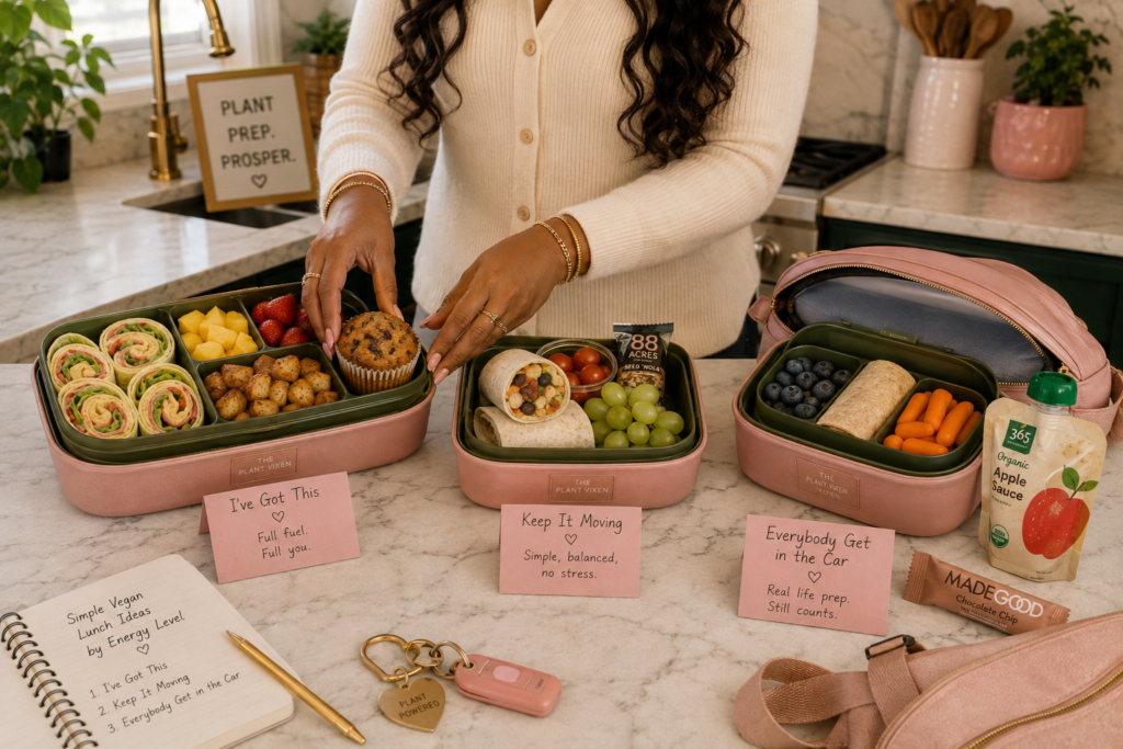 simple-vegan-lunch-ideas-by-energy-level Three vegan lunchboxes showing full-prep, quick-assembly, and grab-and-go lunch options with pinwheels, fruit, potatoes, wraps, packaged snacks, and applesauce.