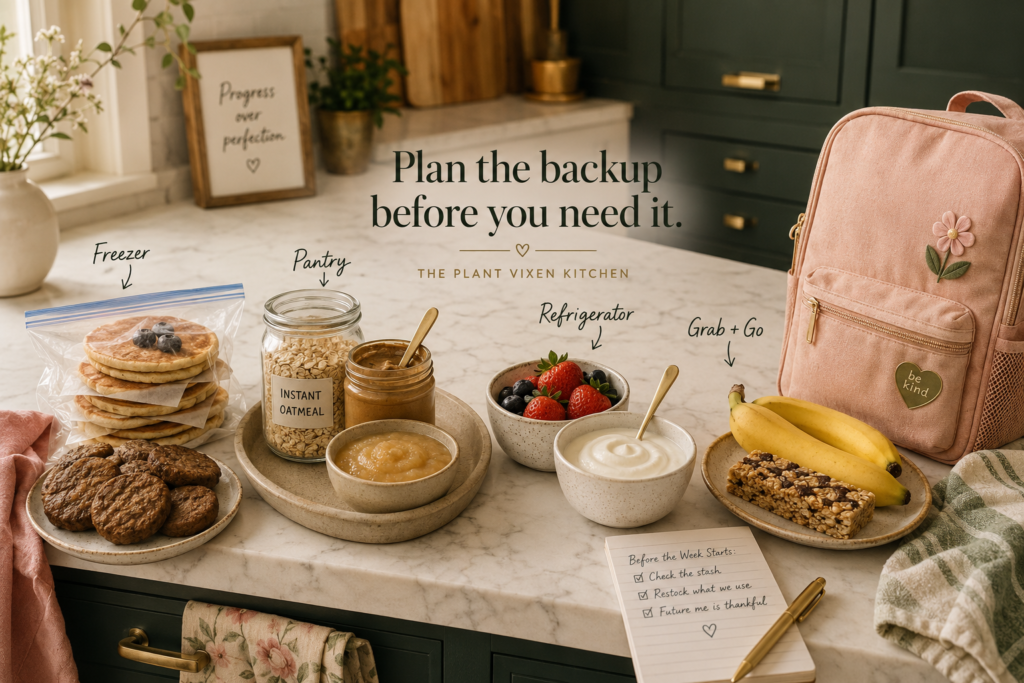vegan-breakfast-backup-system-for-school-mornings Vegan breakfast backup foods organized into freezer, pantry, refrigerator, and grab-and-go options.