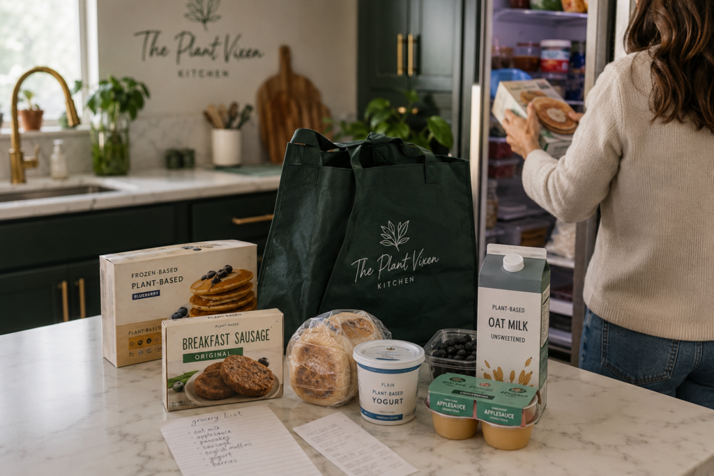 vegan-breakfast-grocery-shortcuts-for-busy-mornings Vegan breakfast staples including pancakes, breakfast sausage, yogurt, fruit, English muffins, and plant milk being unpacked in a family kitchen.