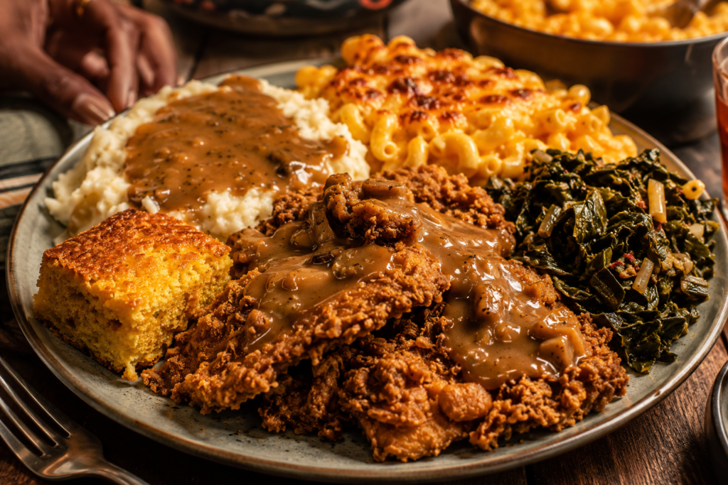 Vegan Sunday dinner with fried oyster mushrooms and gravy, mashed potatoes, mac and cheese, collard greens, and cornbread.