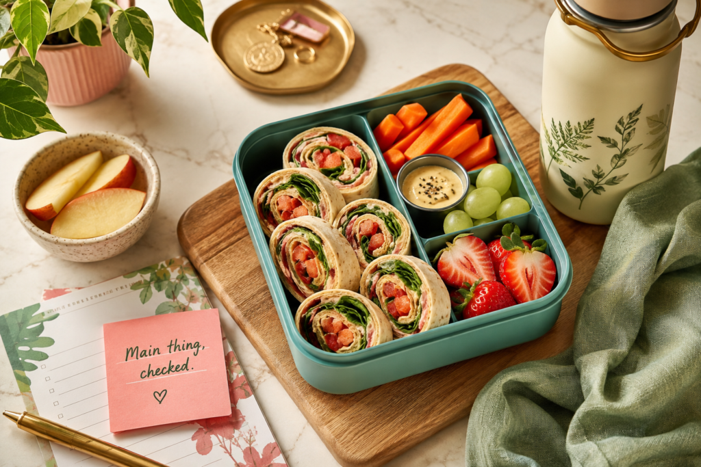 vegan-lunchbox-wraps-main-idea Vegan lunchbox with veggie wrap pinwheels, carrots, grapes, strawberries, apple slices, and creamy dip beside a botanical water bottle and lunch-planning note.