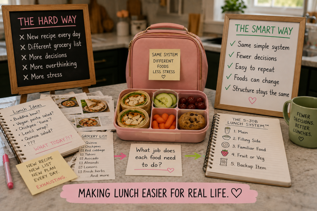 why-vegan-lunchbox-ideas-feel-hard Vegan lunch planning scene comparing the stress of new recipes and grocery lists with a simple five-job lunchbox system using fewer decisions.