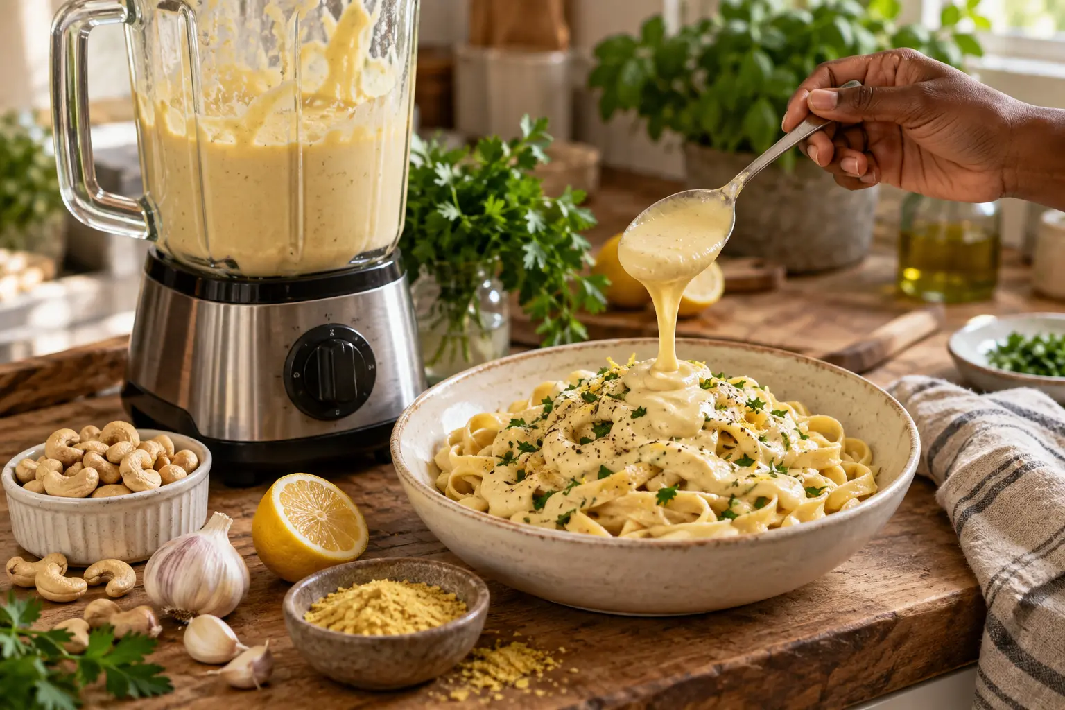 Creamy cashew sauce blended for dairy-free pasta in a warm home kitchen