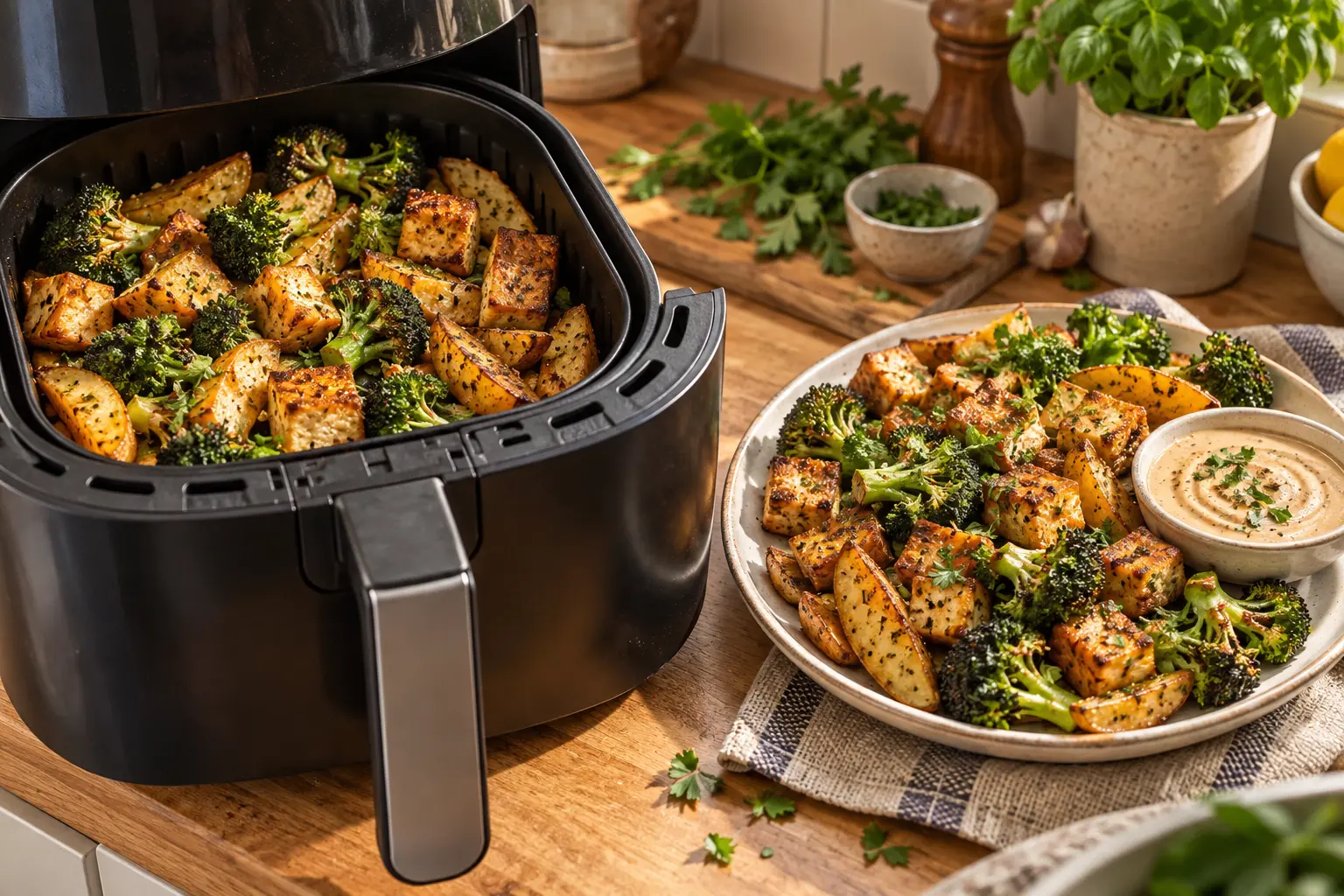 Crispy tofu, roasted broccoli, and potato wedges prepared in an air fryer for an easy plant-based meal