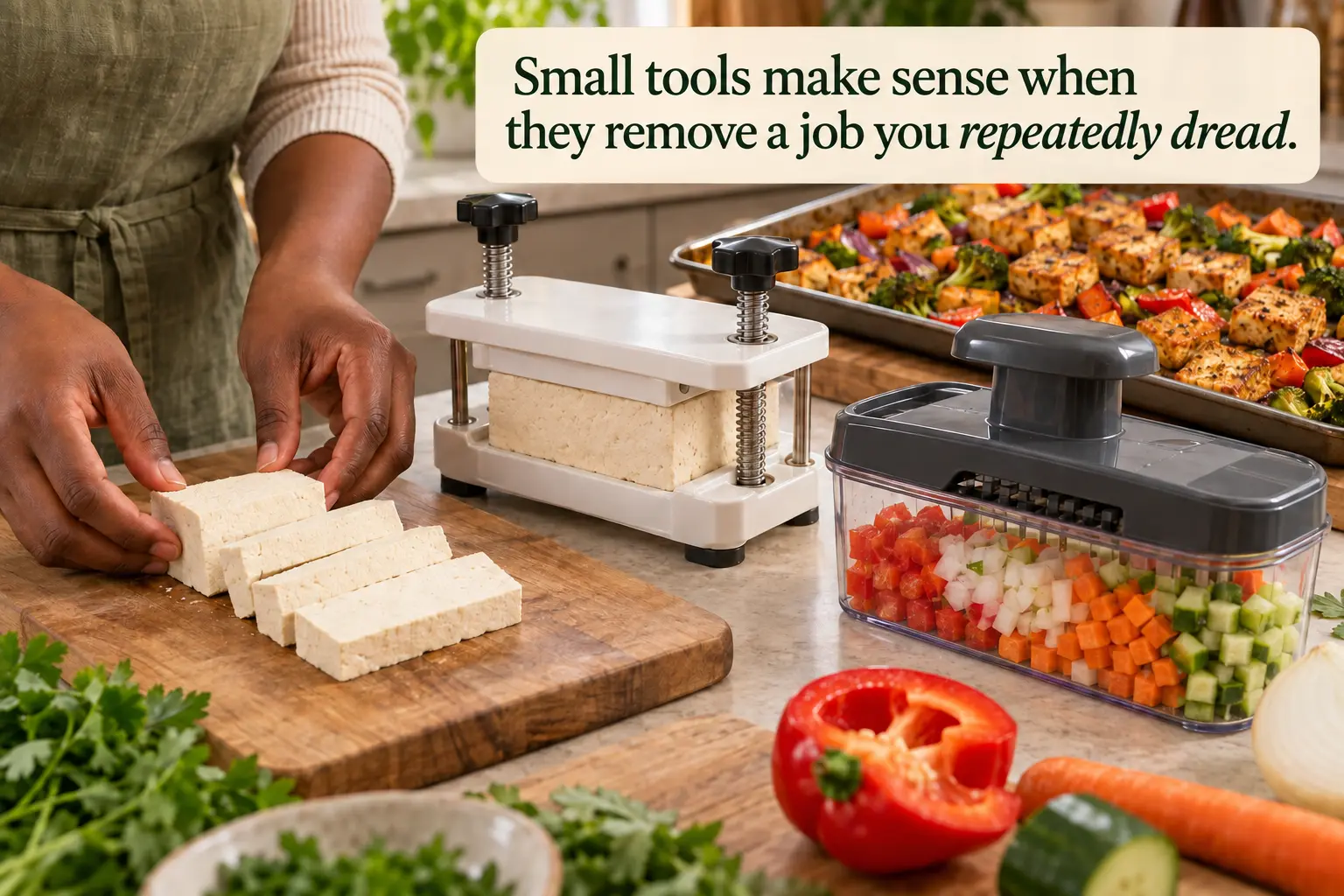 Tofu press and vegetable chopper used to prepare tofu and colorful vegetables for an easy plant-based meal