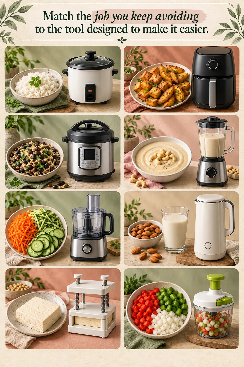 Eight plant-based cooking problems paired visually with a rice cooker, air fryer, multicooker, blender, food processor, milk maker, tofu press, and vegetable chopper