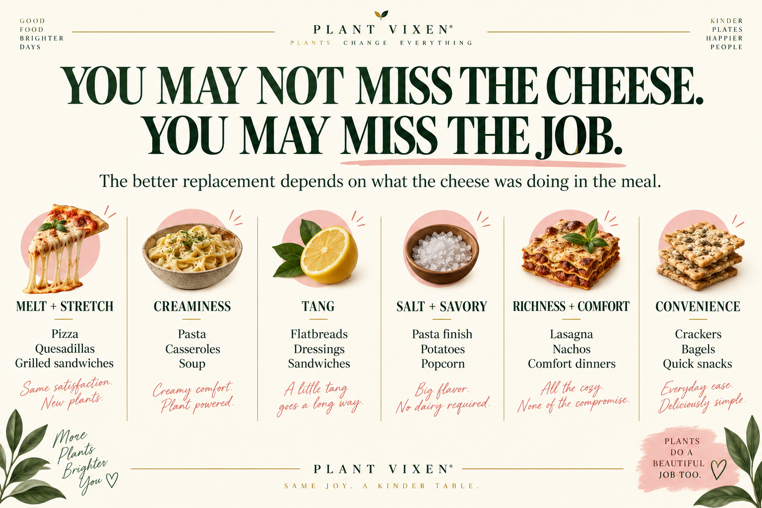 cheese-craving-job-infographic Infographic showing six roles cheese can play in meals including melt, creaminess, tang, savory flavor, comfort, and convenience.