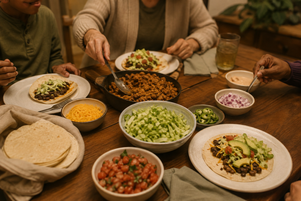 easy-family-vegan-build-your-own-dinner Family-style plant-based taco dinner with one filling and customizable toppings for different preferences.