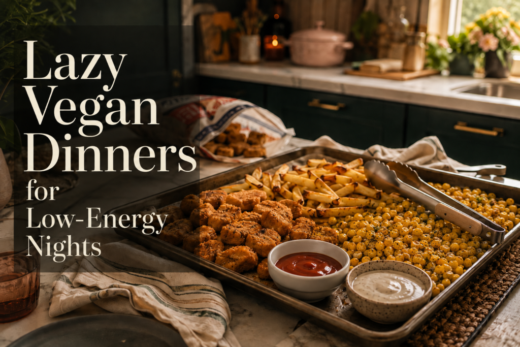 One-pan lazy vegan dinner with crispy plant-based nuggets, seasoned fries, buttery black-pepper corn, and dipping sauces on a sheet pan.