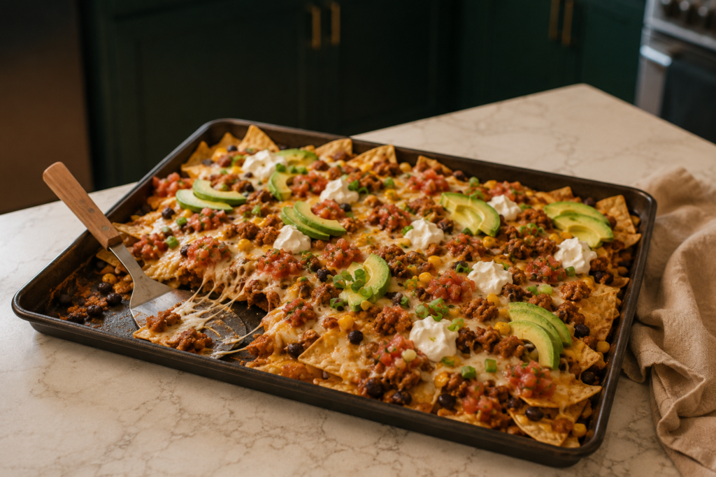 lazy-vegan-sheet-pan-loaded-nachos Sheet-pan vegan loaded nachos with black beans, corn, meatless crumbles, dairy-free cheese, avocado, and salsa.