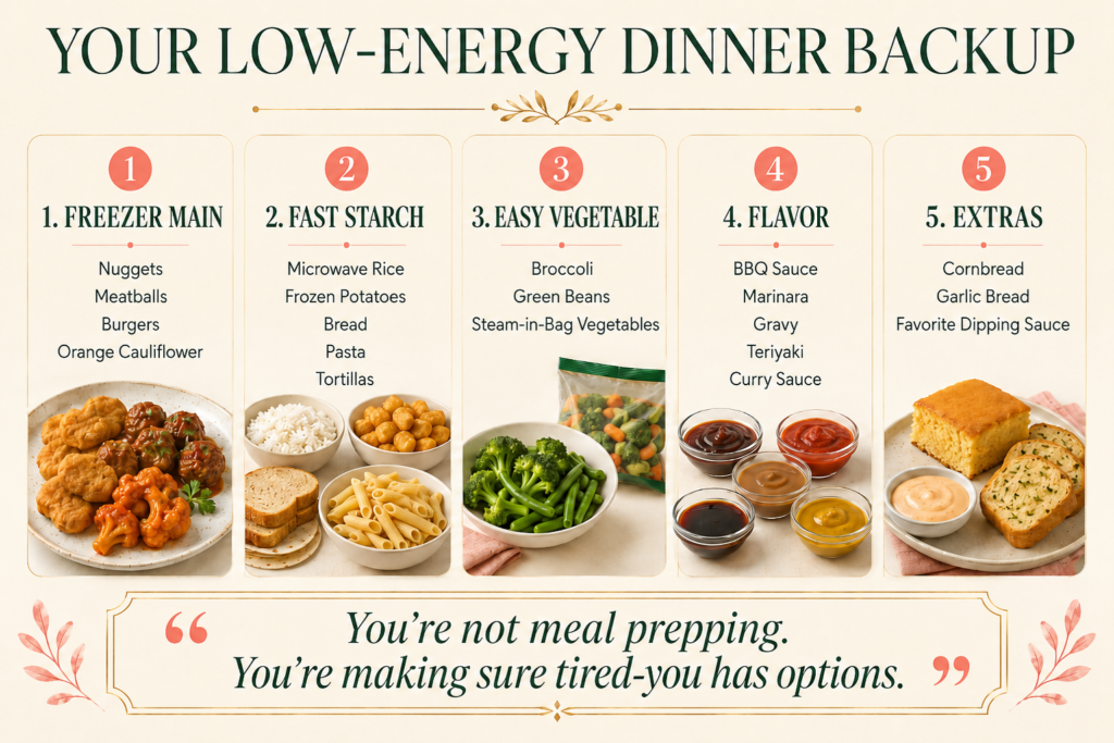 low-energy-vegan-dinner-backup-formula Low-energy vegan dinner backup formula combining a freezer main, quick starch, vegetable, sauce, and comfort side.